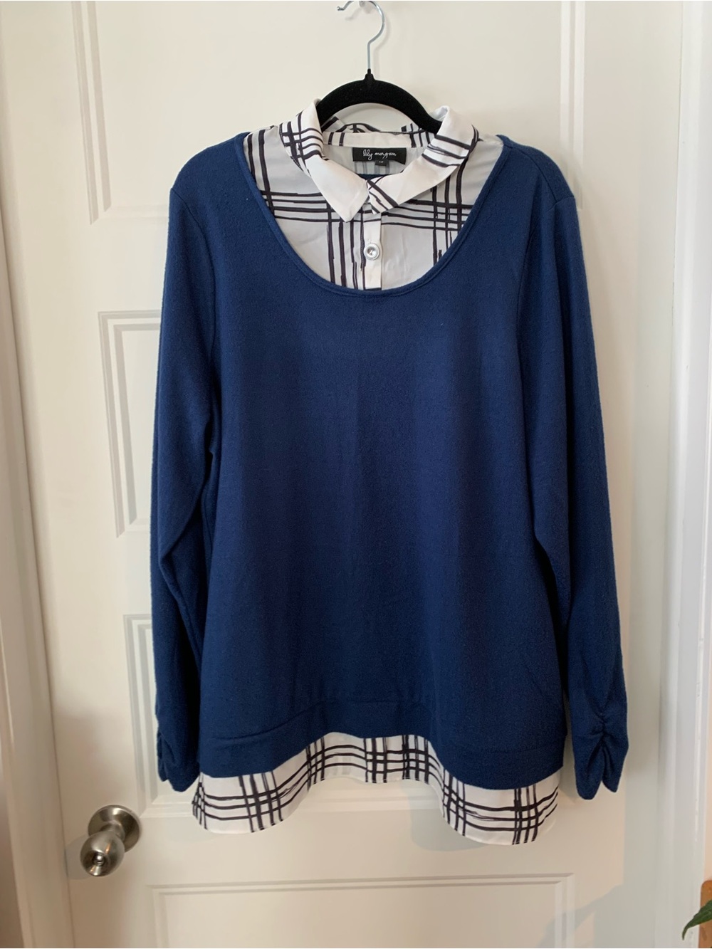 Lilly Morgan, Women's  Layered Navy Blue Women’s Sweater with Plaid Trim